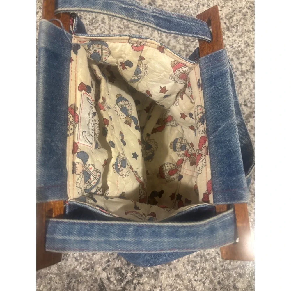 The Mouse Housery Vintage Denim Handbag Wood Handle Quilted Angel Lining Blue